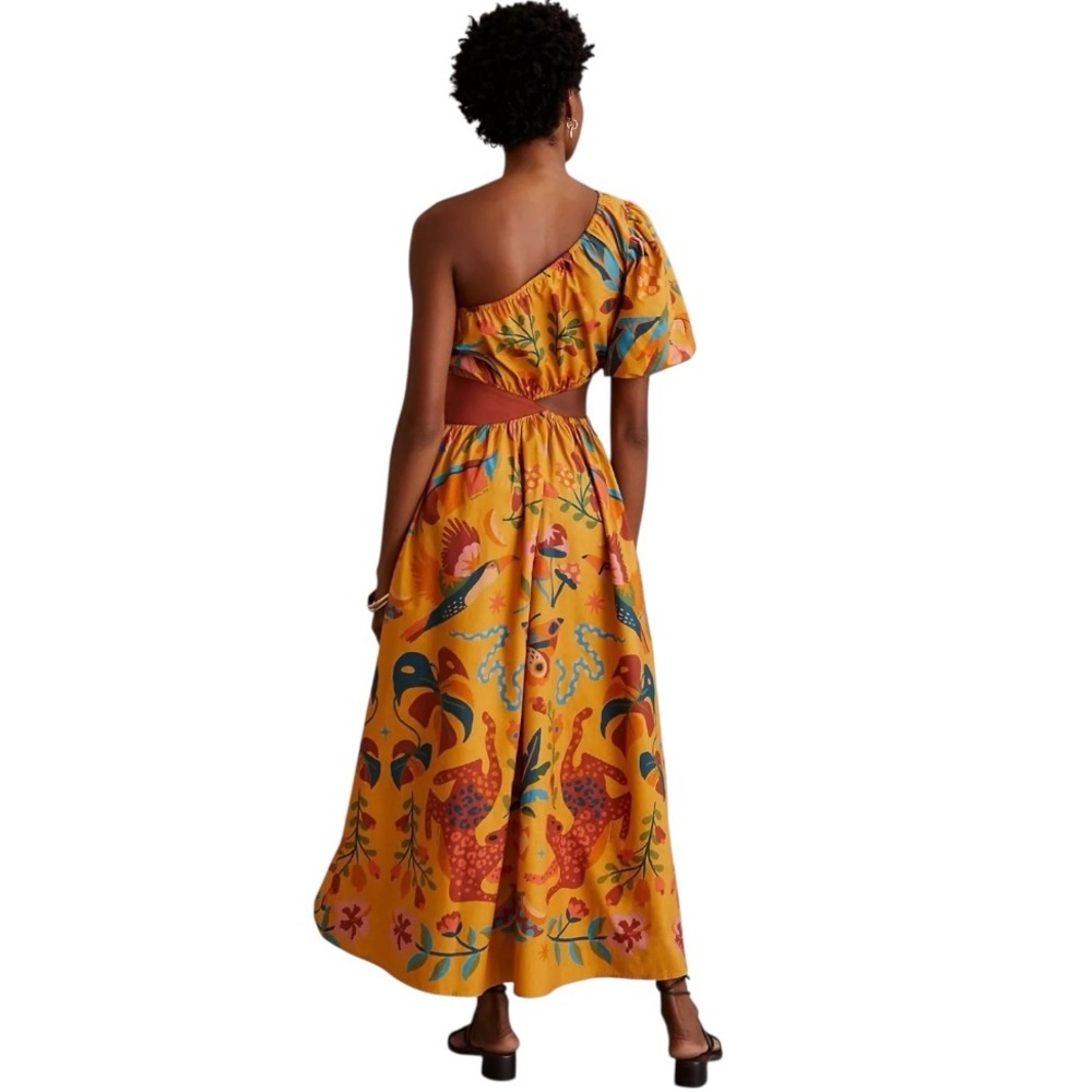 Farm Rio x Anthropologie One Shoulder Tropical Puff Sleeve Maxi Dress Large - Picture 2 of 16